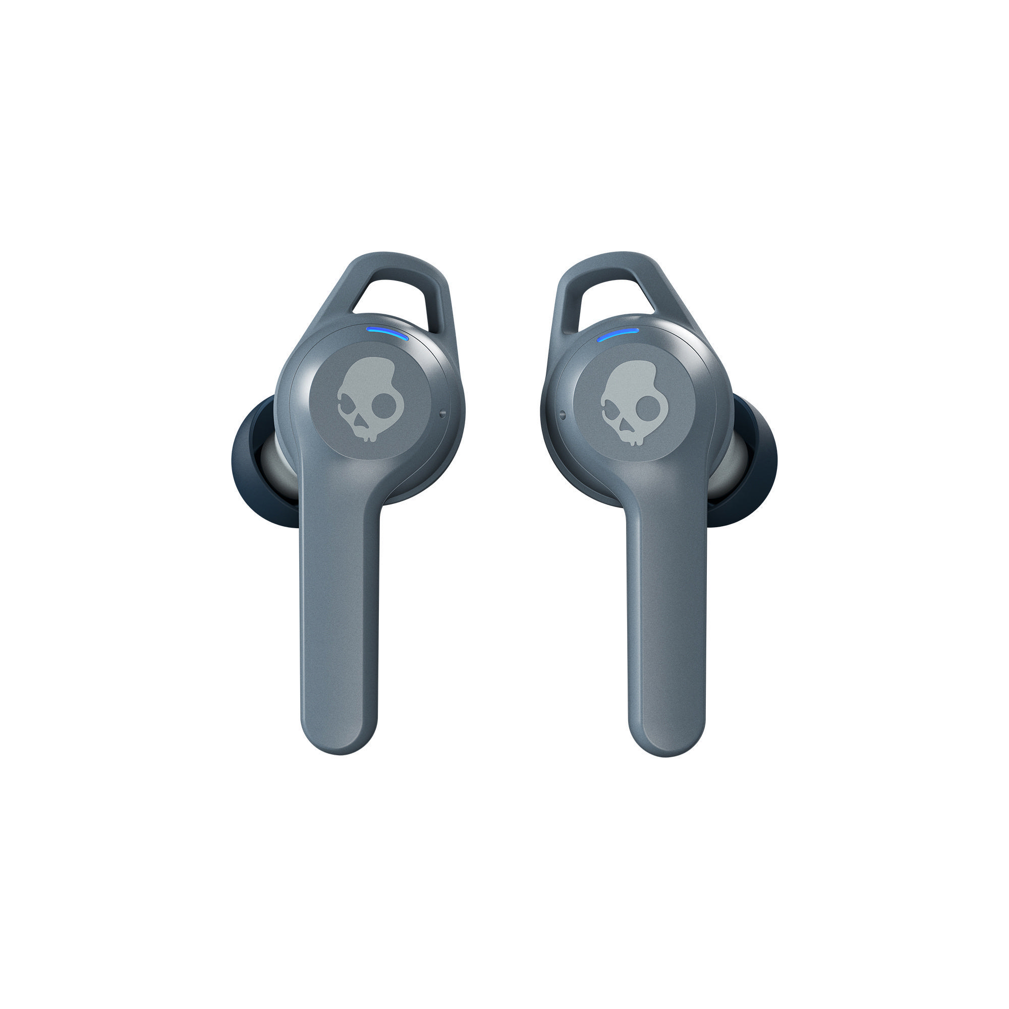 Paar graue Skullcandy kabellose Ohrhörer, Seitenansicht.