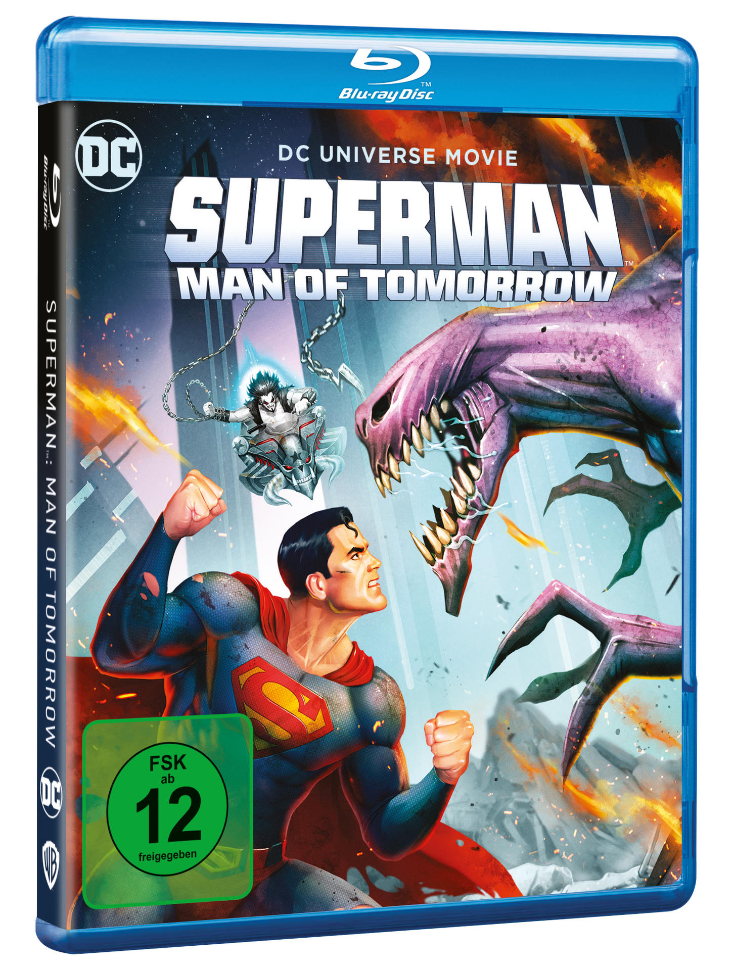 Blu-ray-Cover von Superman: Man of Tomorrow, mit Superman, der gegen ein Monster kämpft und Titel.