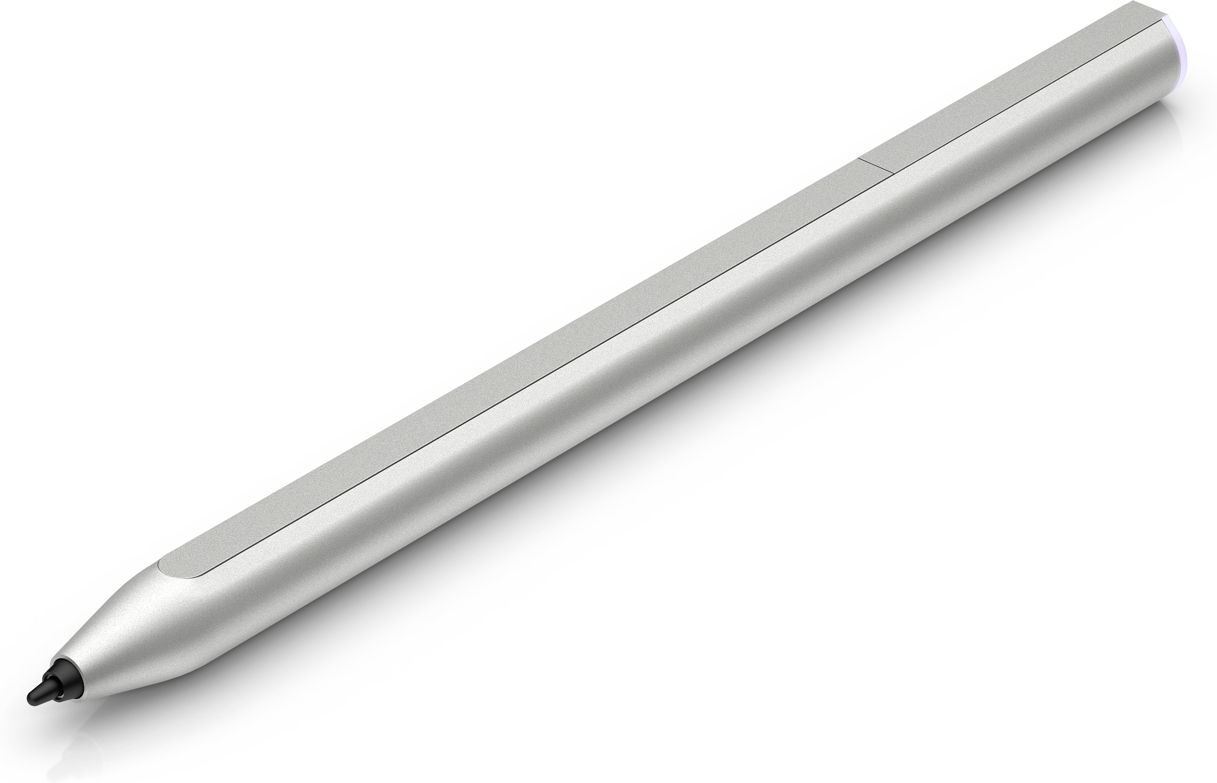 Ein silberner Stylus-Stift mit schwarzer Spitze auf weißem Hintergrund.