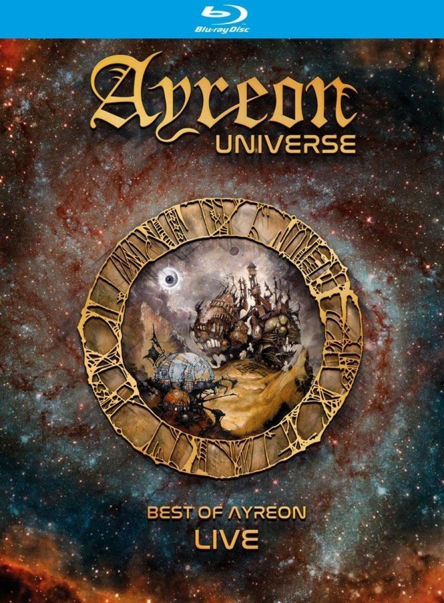 Album borító, arany óraszerű kerettel, fantáziajelenettel benne, és az 'Ayreon Universe' és a 'Best of Ayreon Live' feliratokkal.
