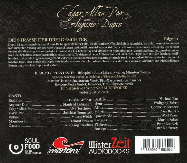 Die Rückseite eines Hörbuchs mit Text über Edgar Allan Poe und Auguste Dupin.