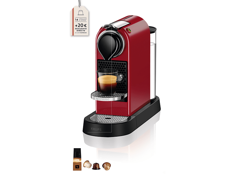 Cafetera de cápsulas -  Krups Nespresso® CitiZ, 19 bares, 1 l, 1 taza, 1260 W, Rojo
