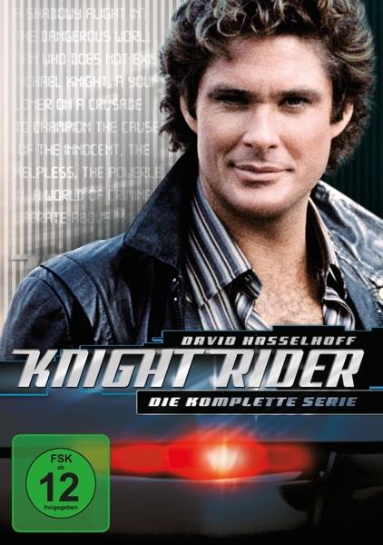 DVD-Cover von 'Knight Rider' mit David Hasselhoff. Zeigt ein Auto und Text-Overlay.