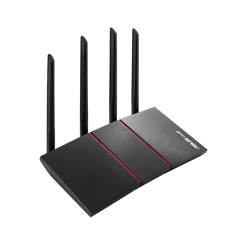 Zwarte ASUS wifi-router met vier antennes op witte achtergrond.
