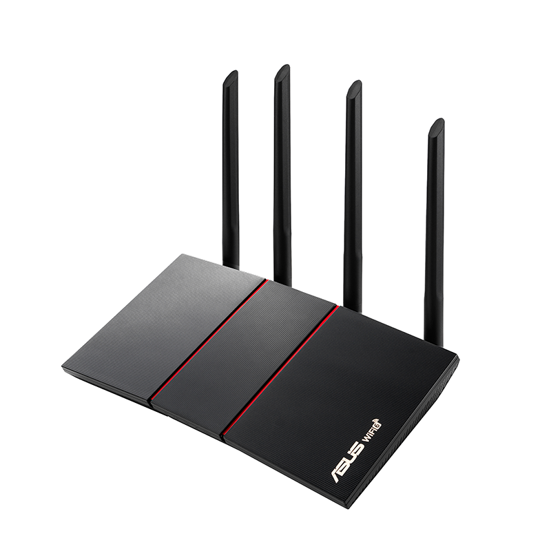 Zwarte ASUS wifi-router met vier antennes. Rode accenten zijn zichtbaar.