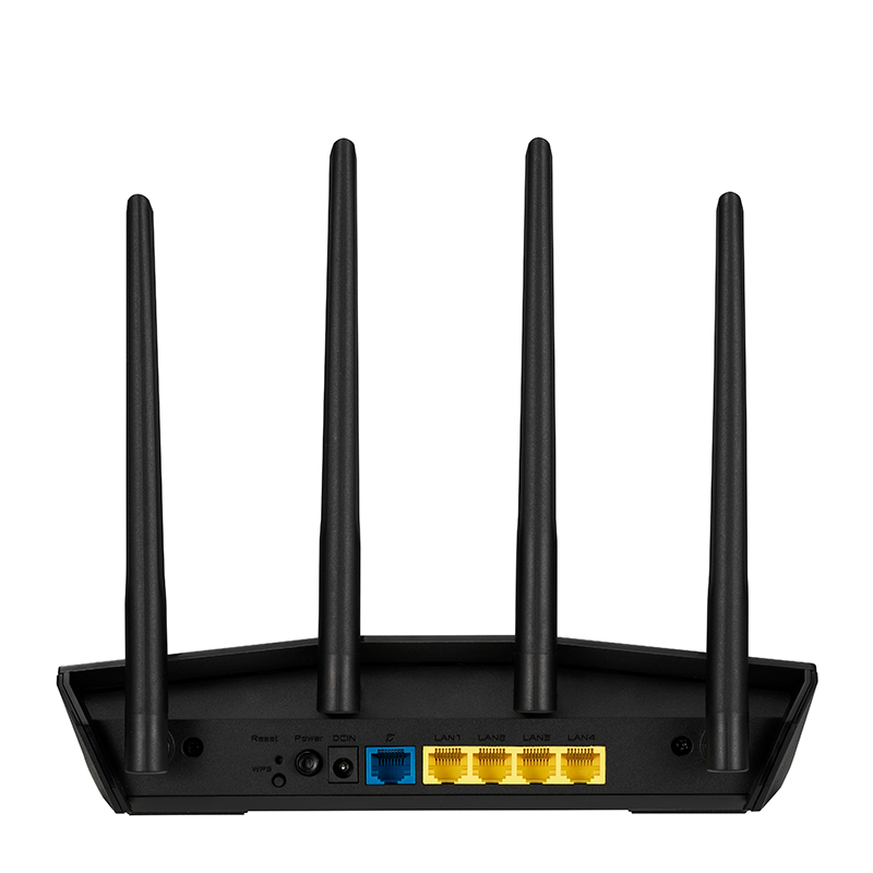 Een zwarte router met 4 antennes, met de achterkant met poorten en knoppen.
