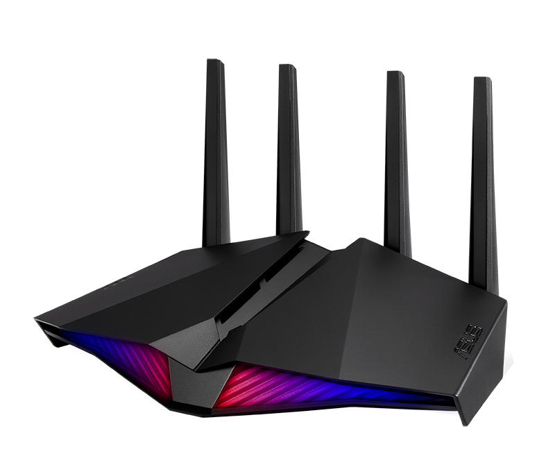 Een zwarte router met meerdere antennes, verlicht met rode en blauwe lichten.