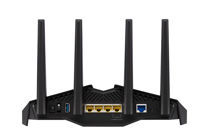 Achterkant van een zwarte router met vier antennes en poorten.