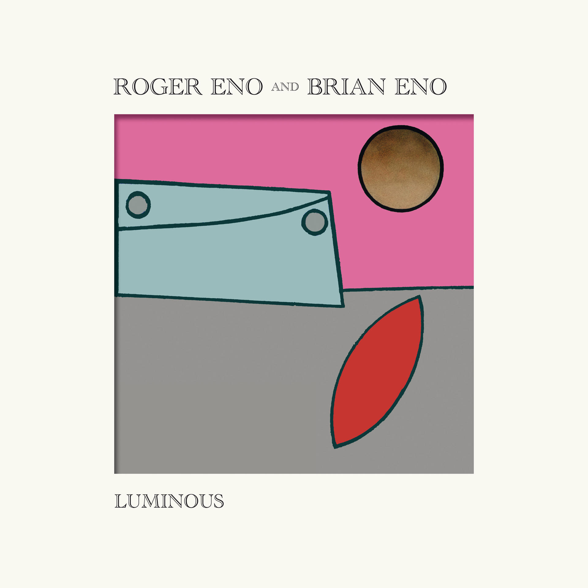 Albumcover. Abstrakte Kunst mit Formen in Pink, Blau, Grau und Rot.