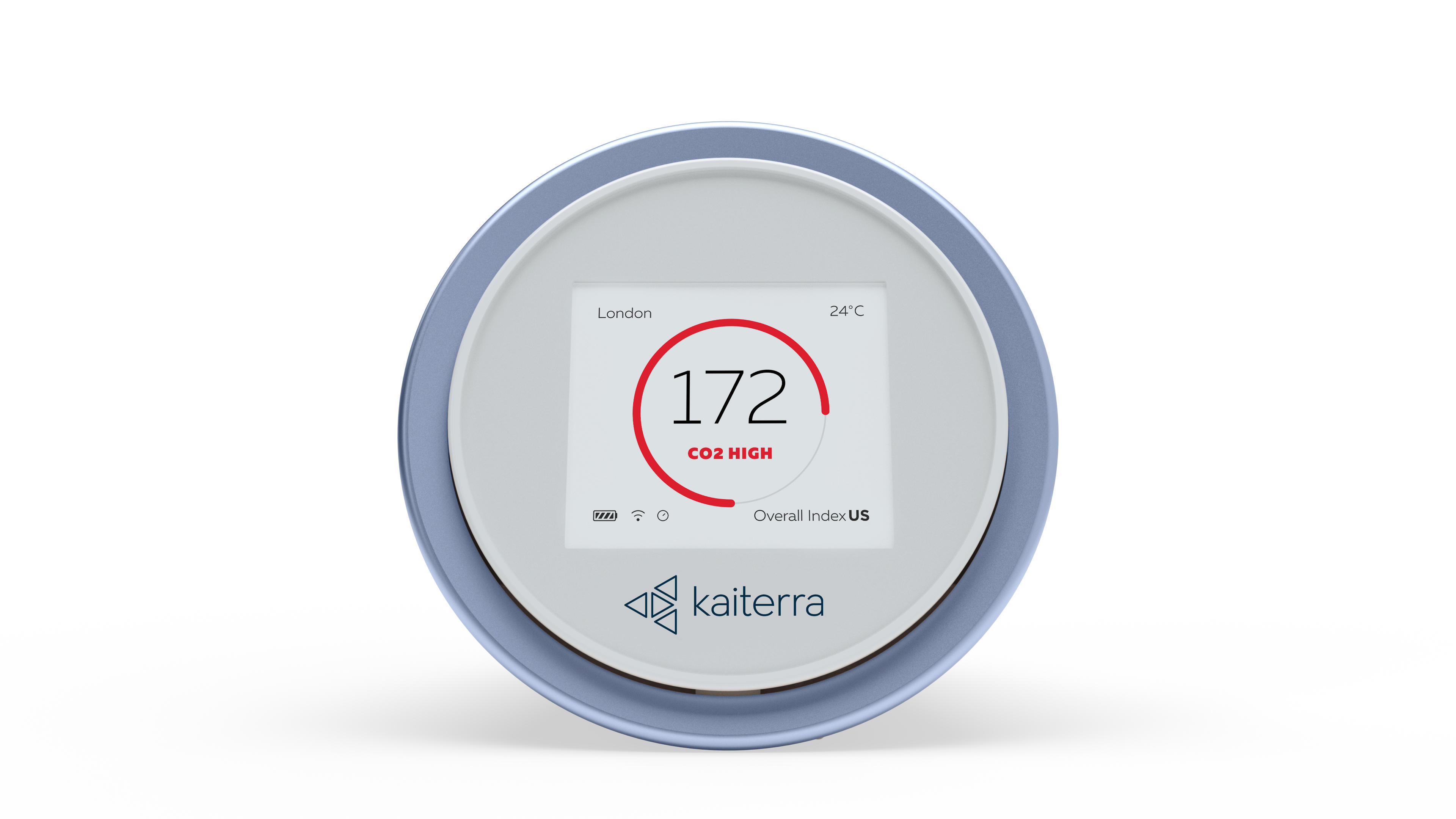 Runder Luftqualitätsmonitor mit '172' und 'CO2 HIGH'. Zeigt 'London' und 24°C. Blaues und weißes Design.