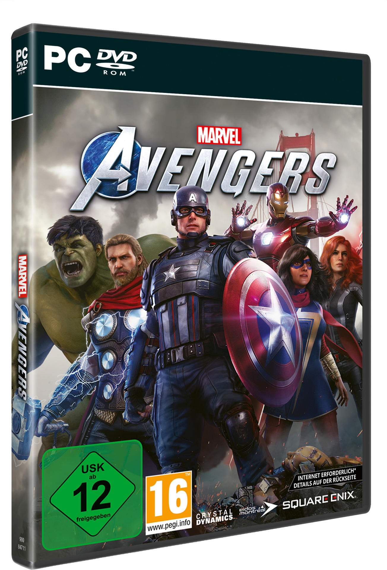 Marvel Avengers PC-Spielbox. Captain America und andere Avengers im Vordergrund. Rote Brücke im Hintergrund.