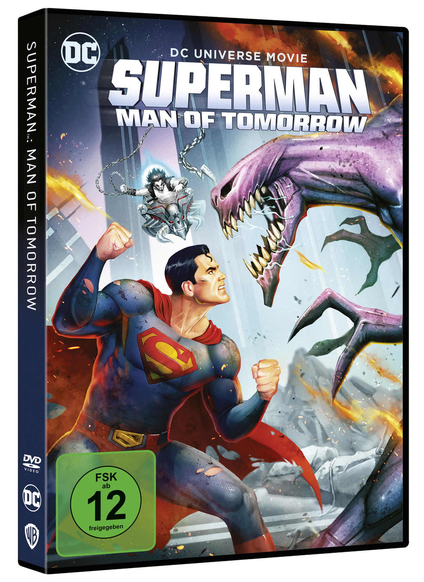 DVD-Cover für 'Superman: Man of Tomorrow'. Zeigt Superman im Kampf gegen ein Monster.