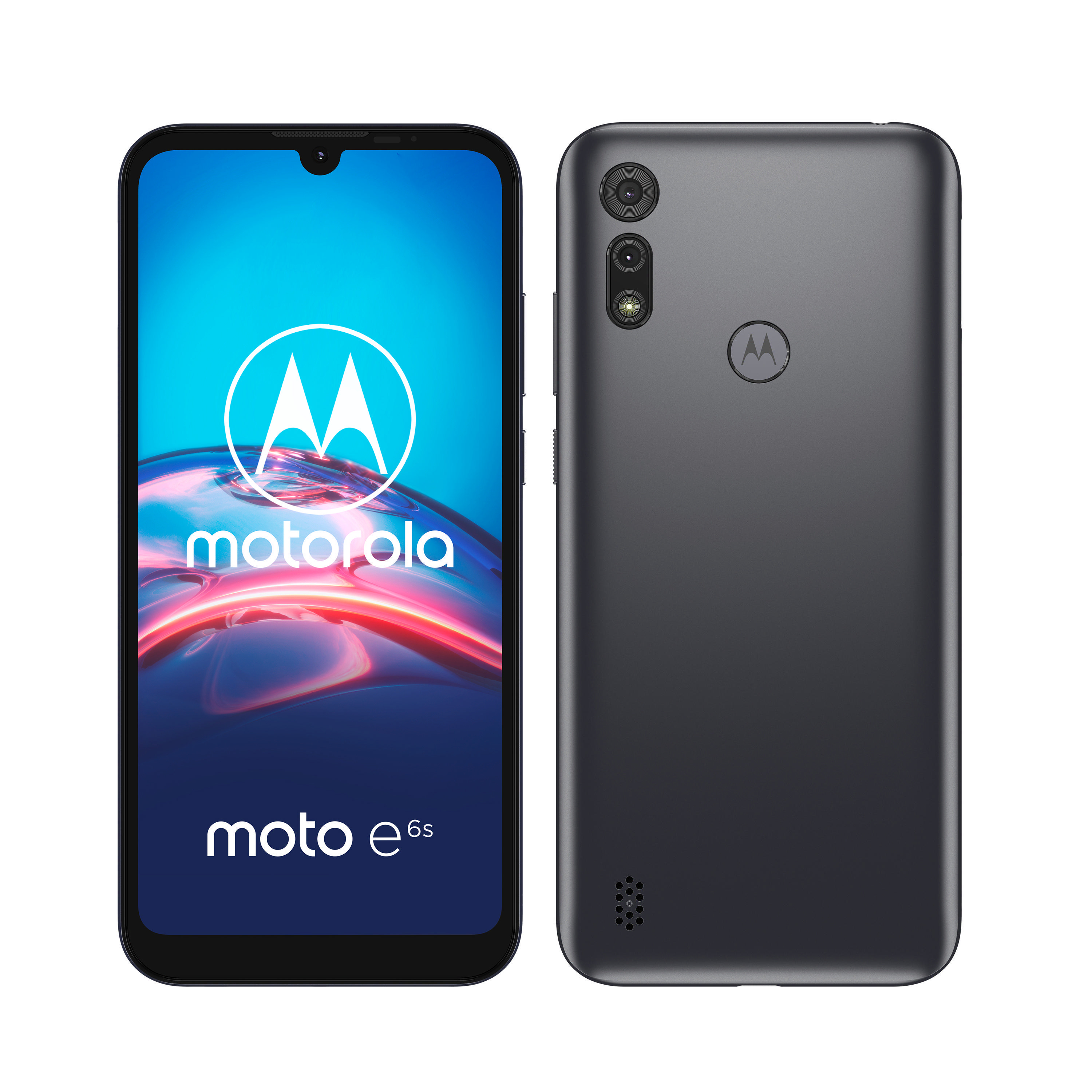 Ein schwarzes Motorola Moto e6s Telefon, Vorder- und Rückansicht. Zeigt das Logo und die Worte moto e6s auf dem Bildschirm.