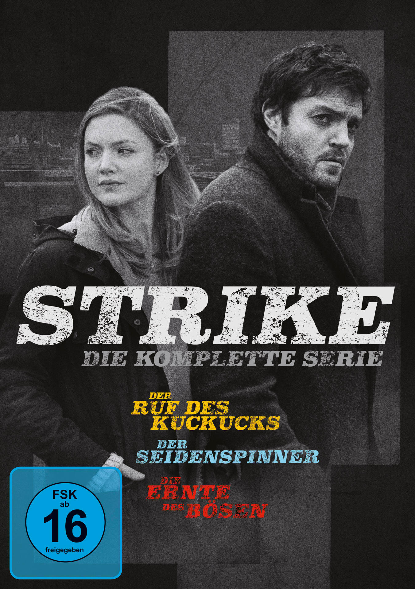 DVD-Cover der Serie 'Strike'. Zwei Personen im Hintergrund. Text enthält 'DIE KOMPLETTE SERIE' und Episodentitel.