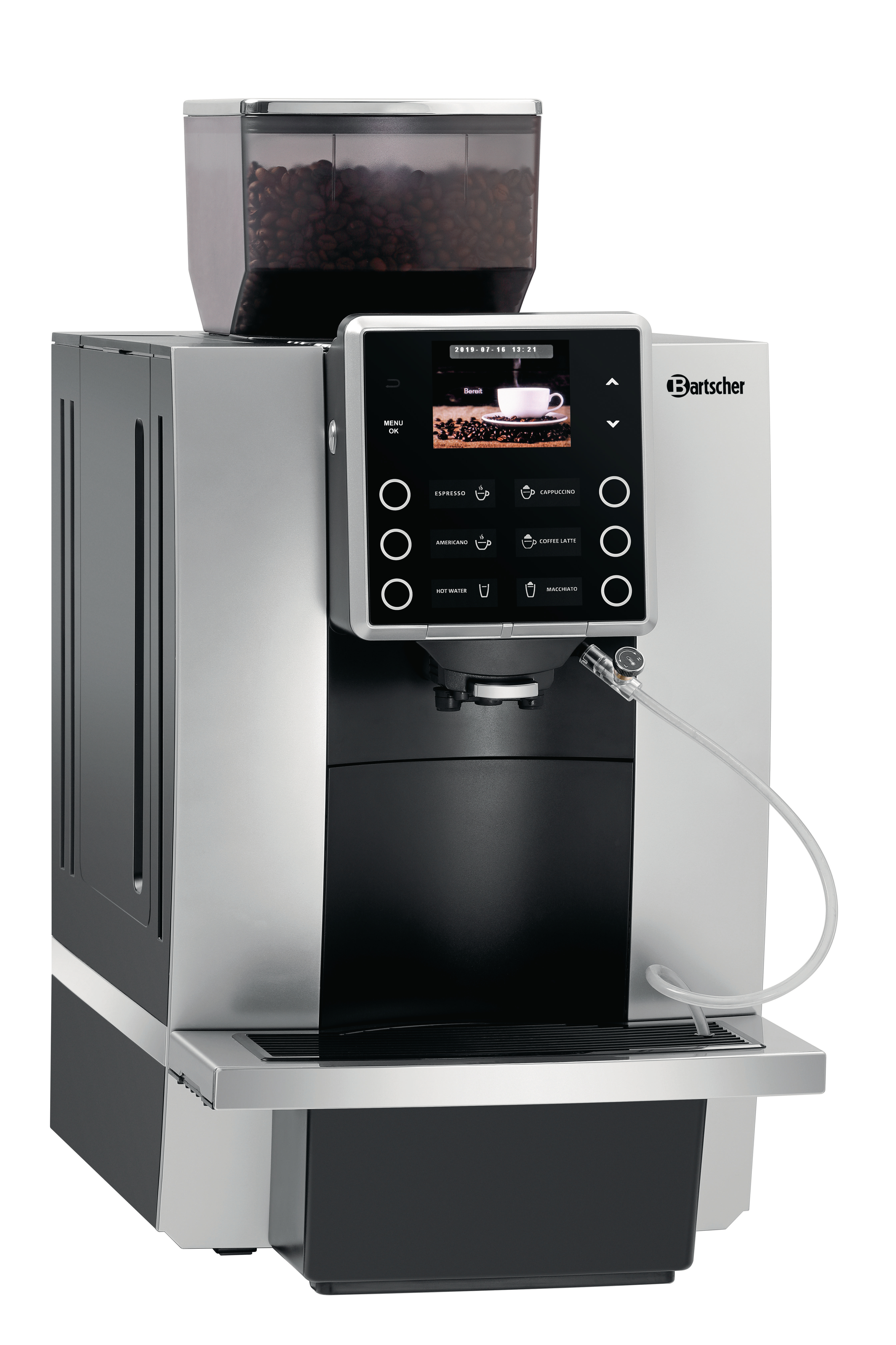 Ein silberner und schwarzer Kaffeevollautomat mit einem Bohnenbehälter oben und einem Touchscreen.
