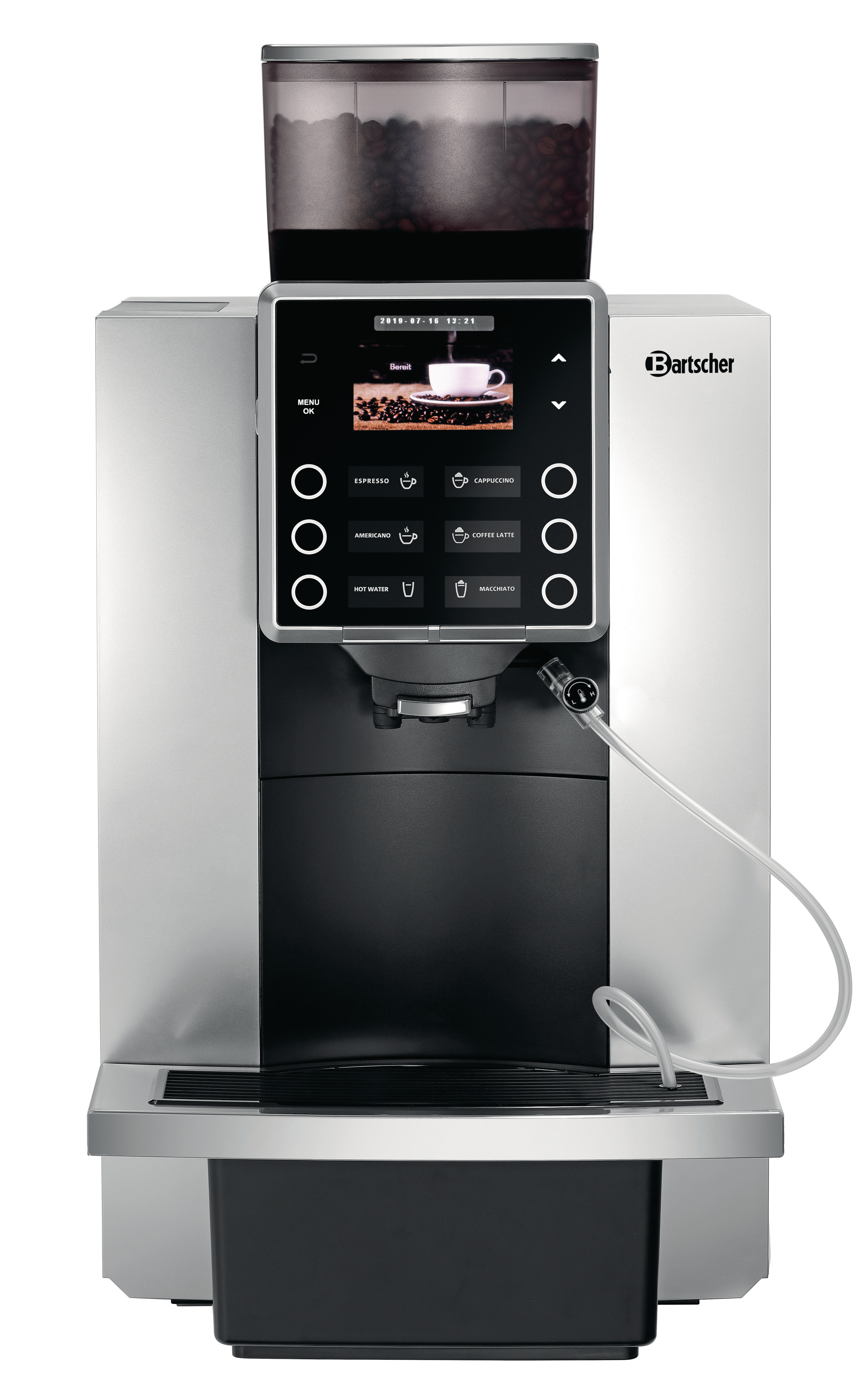 Eine silberne und schwarze Kaffeemaschine mit einem Behälter für Bohnen und Touchscreen.