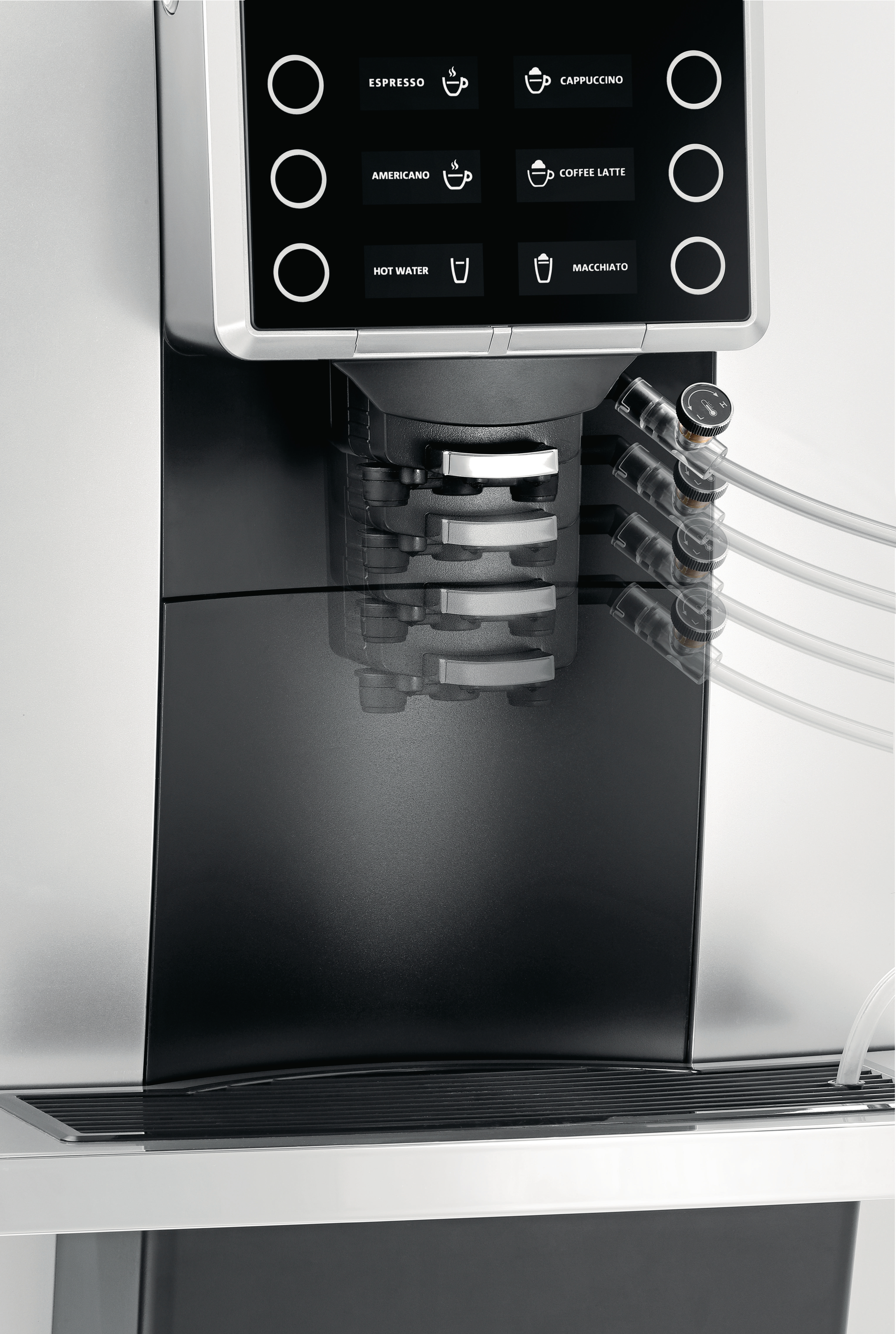 Eine Kaffeemaschine mit Knöpfen für Espresso, Americano, heiße Wasser und Cappuccino.