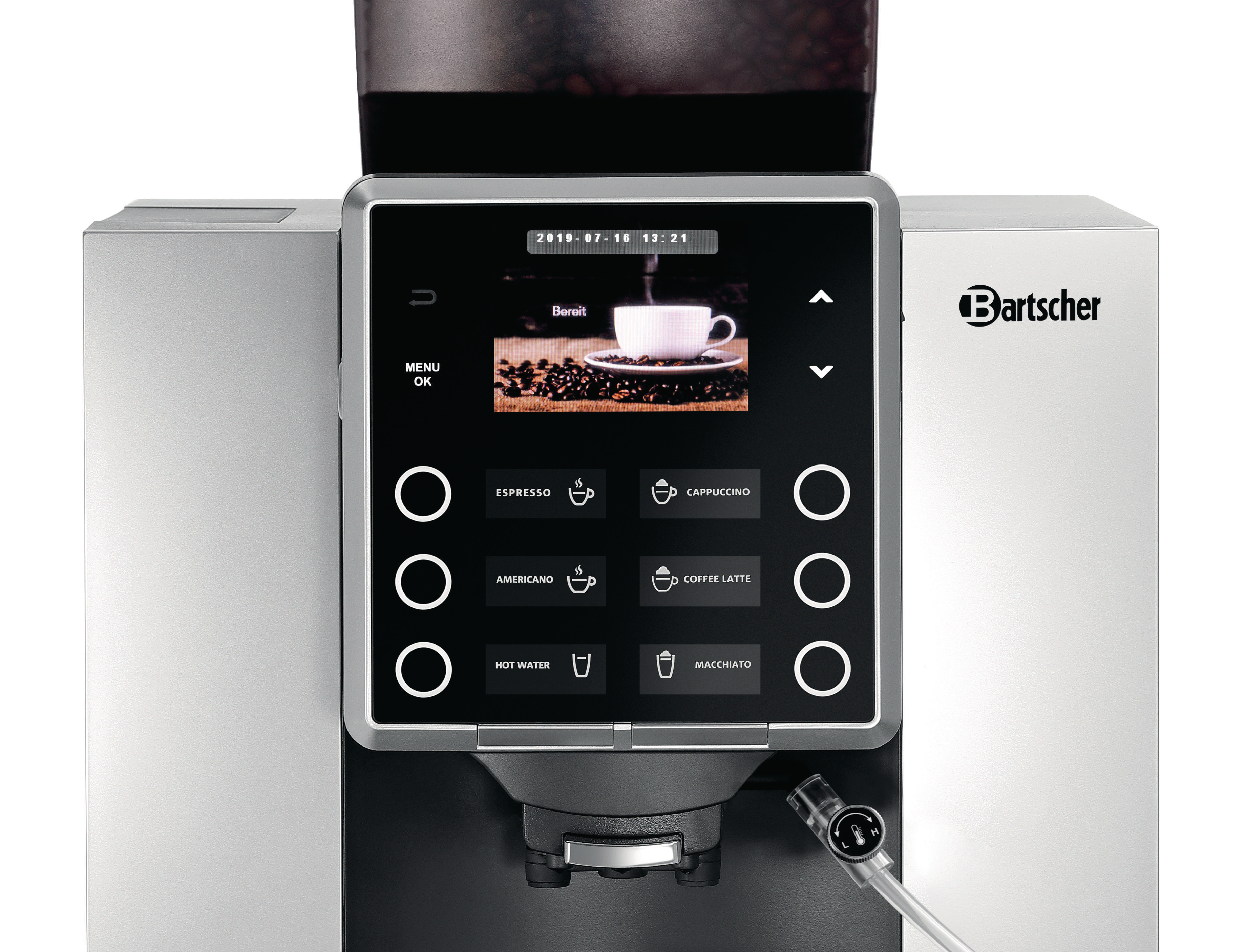 Eine Kaffeemaschine mit Touchscreen-Display, das Kaffeeoptionen anzeigt.