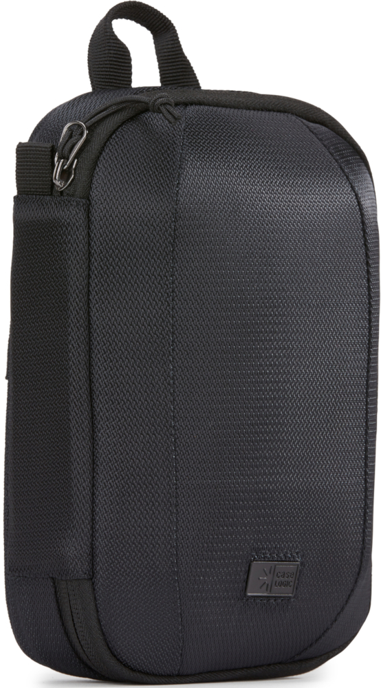 Black camera bag. Close-up on white background. Case Logic brand.