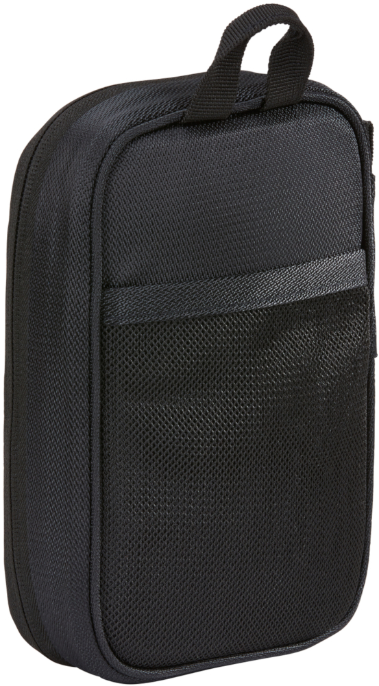 A black travel case with a mesh pocket on the front.