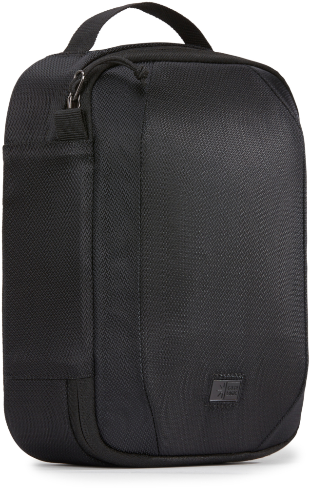Black, rectangular camera bag with a handle.