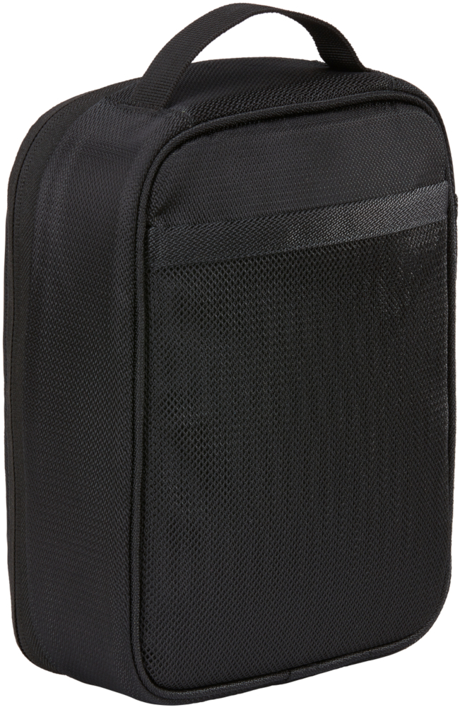 Black rectangular travel bag with a handle and a mesh pocket.