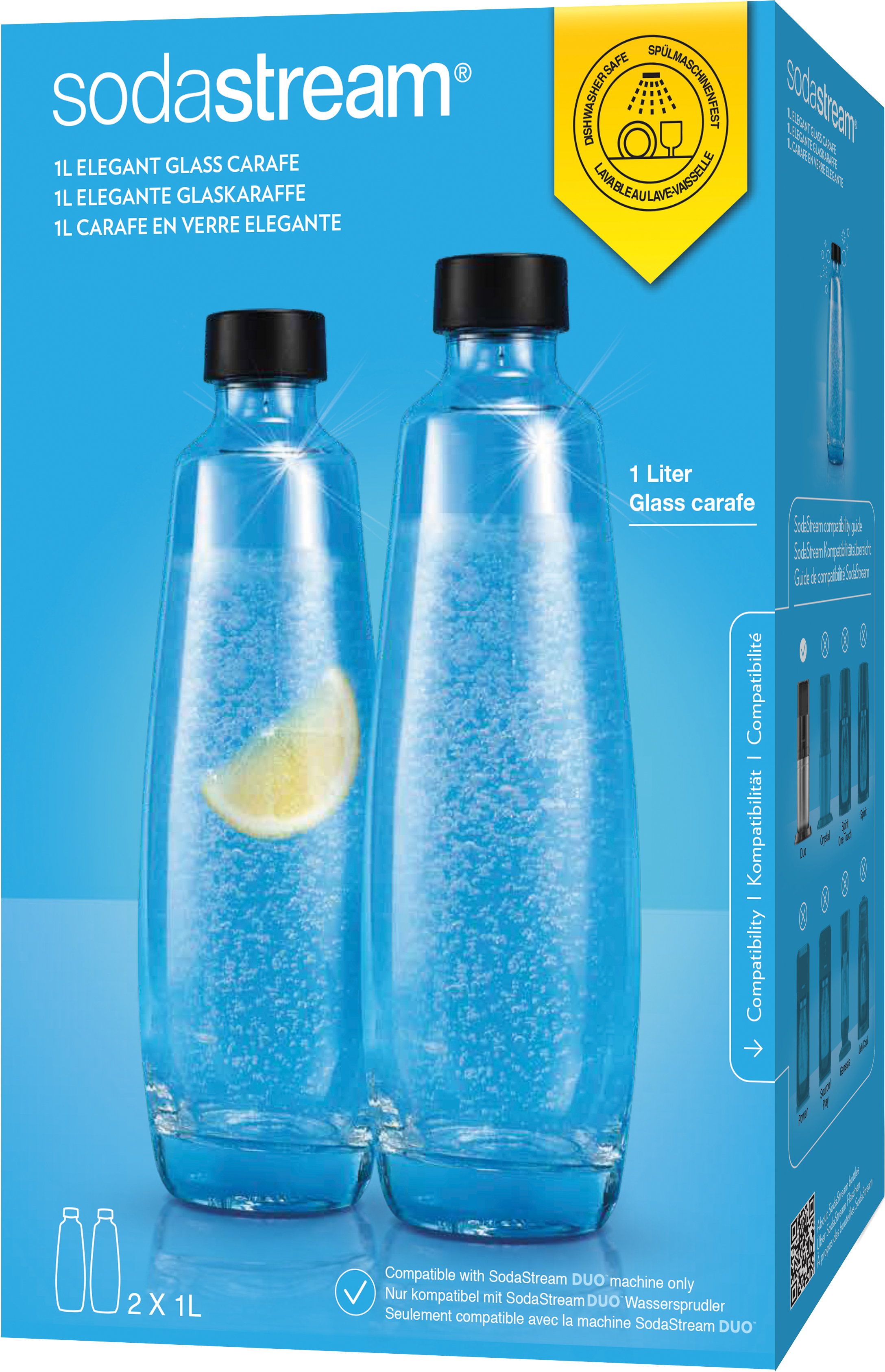 Une boîte Sodastream avec deux bouteilles de soda et une tranche de citron dessus.