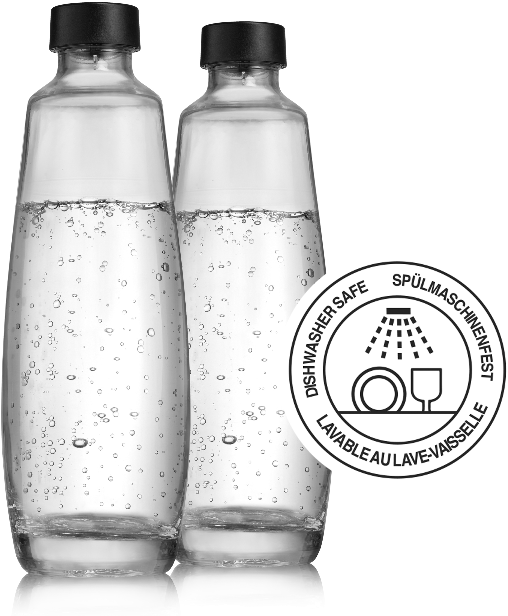 Deux bouteilles en verre transparent avec bouchons noirs et une icône lave-vaisselle.