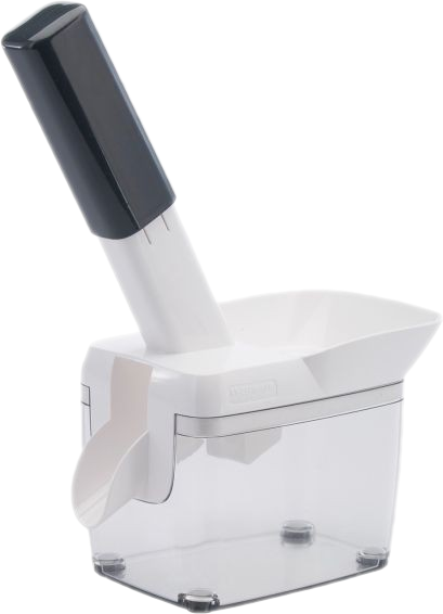 Fehér és szürke konyhai robotgép fekete fogantyúval és átlátszó tartállyal.