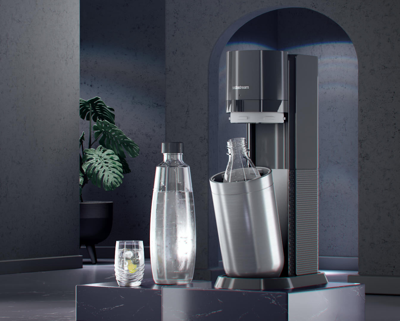 Eine Sodastream-Maschine mit zwei Flaschen und einem Glas. Die Szene spielt in einem modernen Raum.