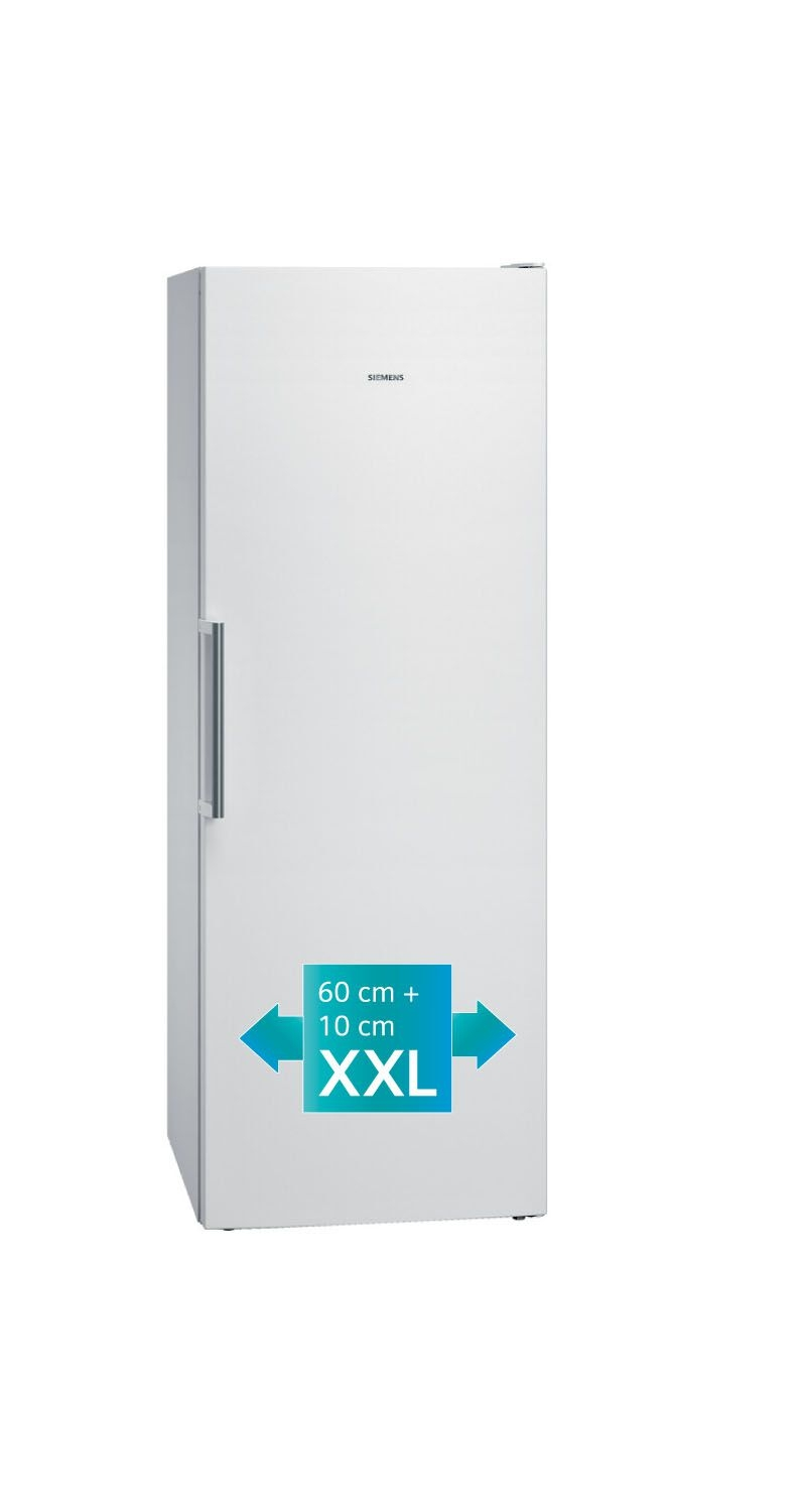 Een witte, XXL-grote koelkast met pijlen en tekst die de afmetingen op de deur aangeven.
