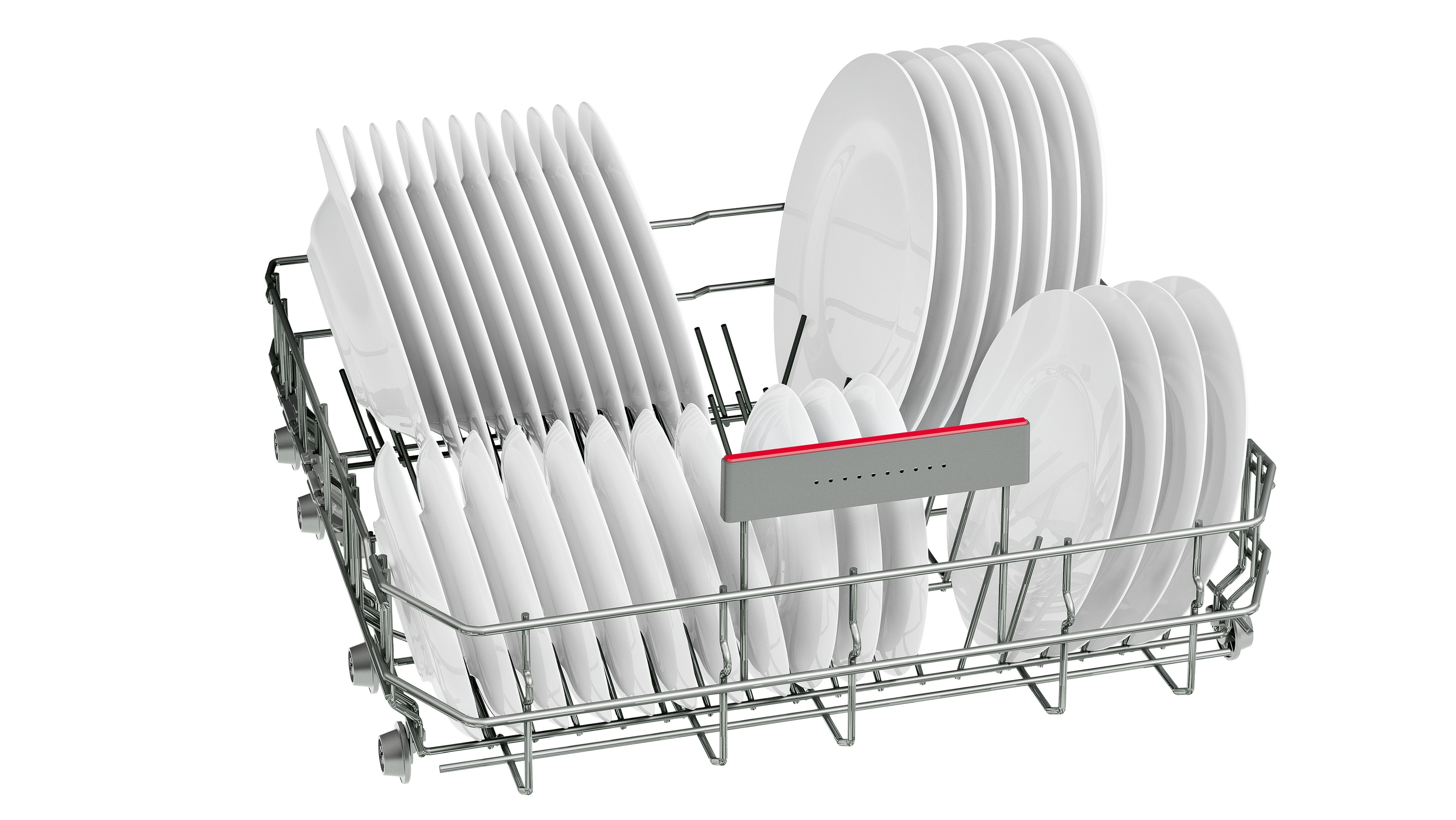Cesta de lavavajillas con platos blancos. Los platos están dispuestos en filas. Metal plateado.