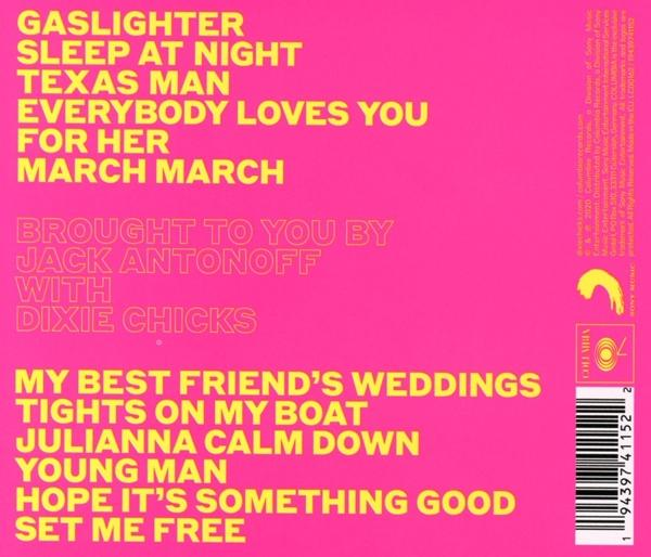 Album achterkant met gele songtitels op roze achtergrond.