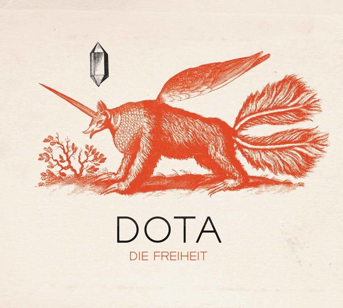 Illustration: Ein rotes Fabelwesen mit Flügeln und einem Horn. Text: "DOTA DIE FREIHEIT".