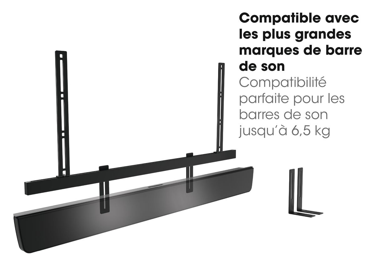 Une barre de son et des supports de montage, avec du texte sur la compatibilité.
