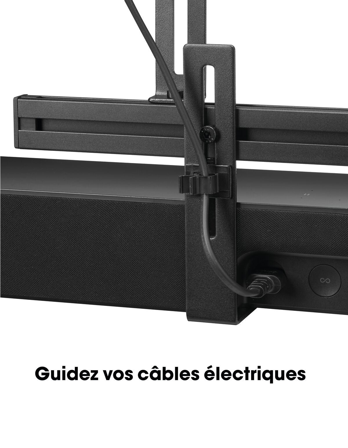 Barre de son noire avec support et câble d'alimentation. Texte : Guidez vos câbles électriques.