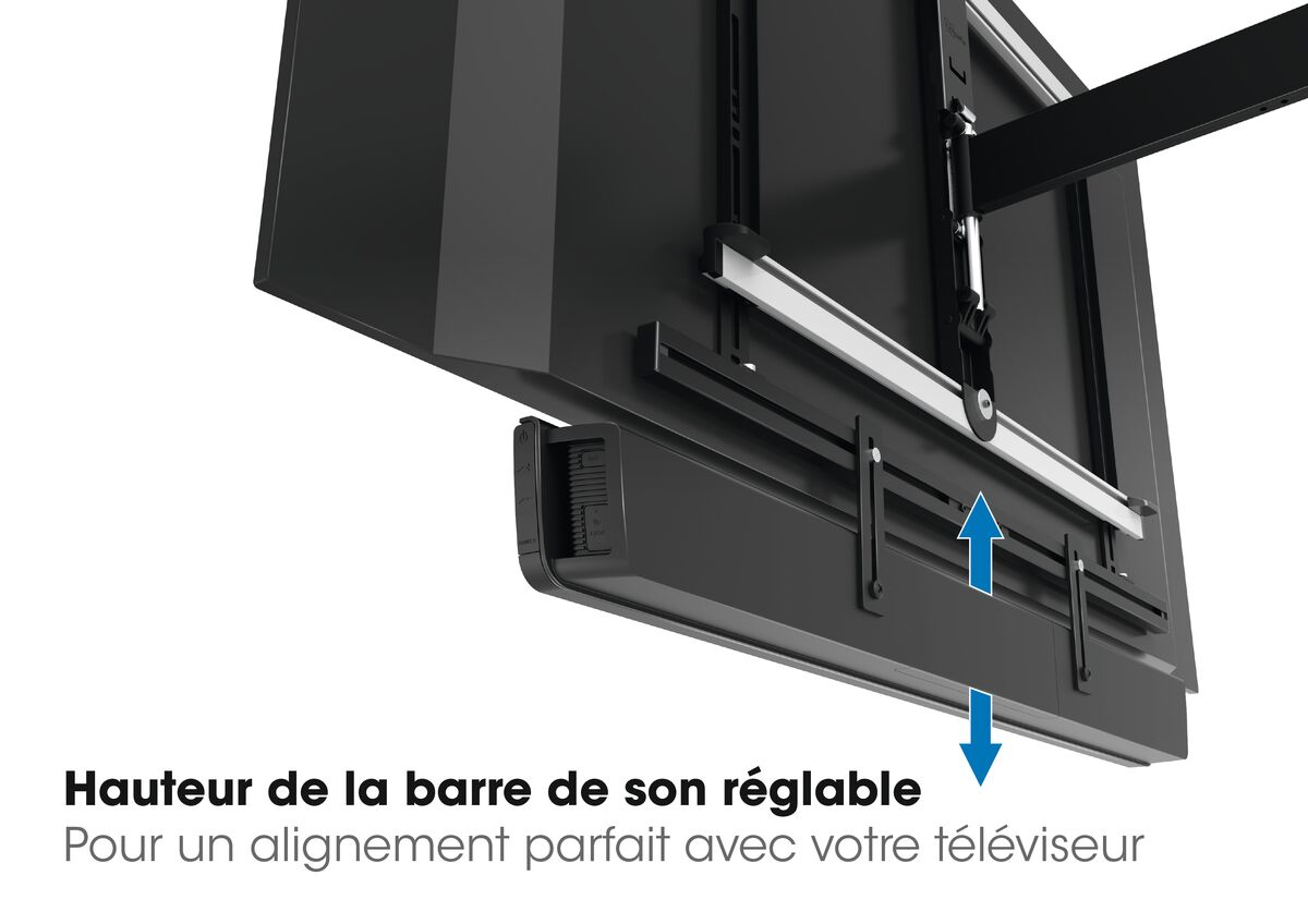Support TV noir avec barre réglable. Les flèches indiquent le réglage de la hauteur.