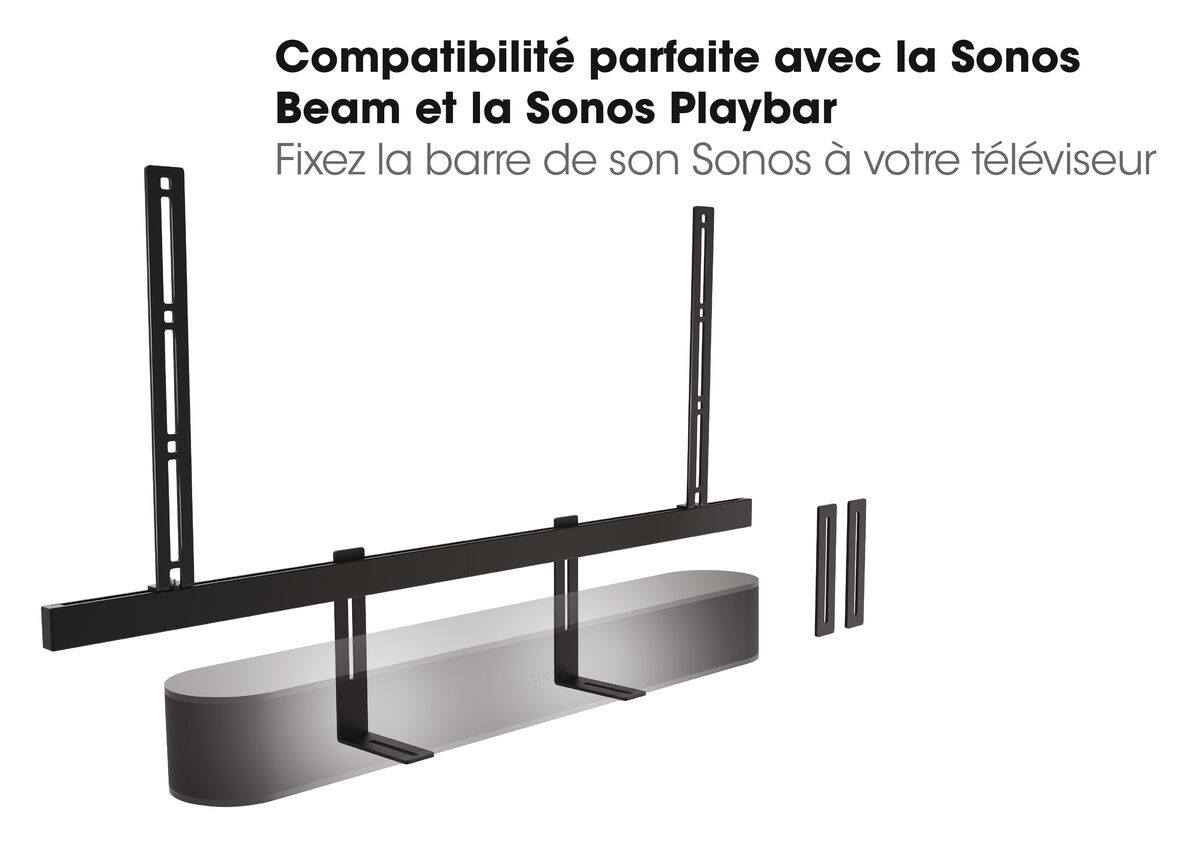 Composants du système de haut-parleurs Sonos noirs. Le haut-parleur Sonos est sur une surface blanche.