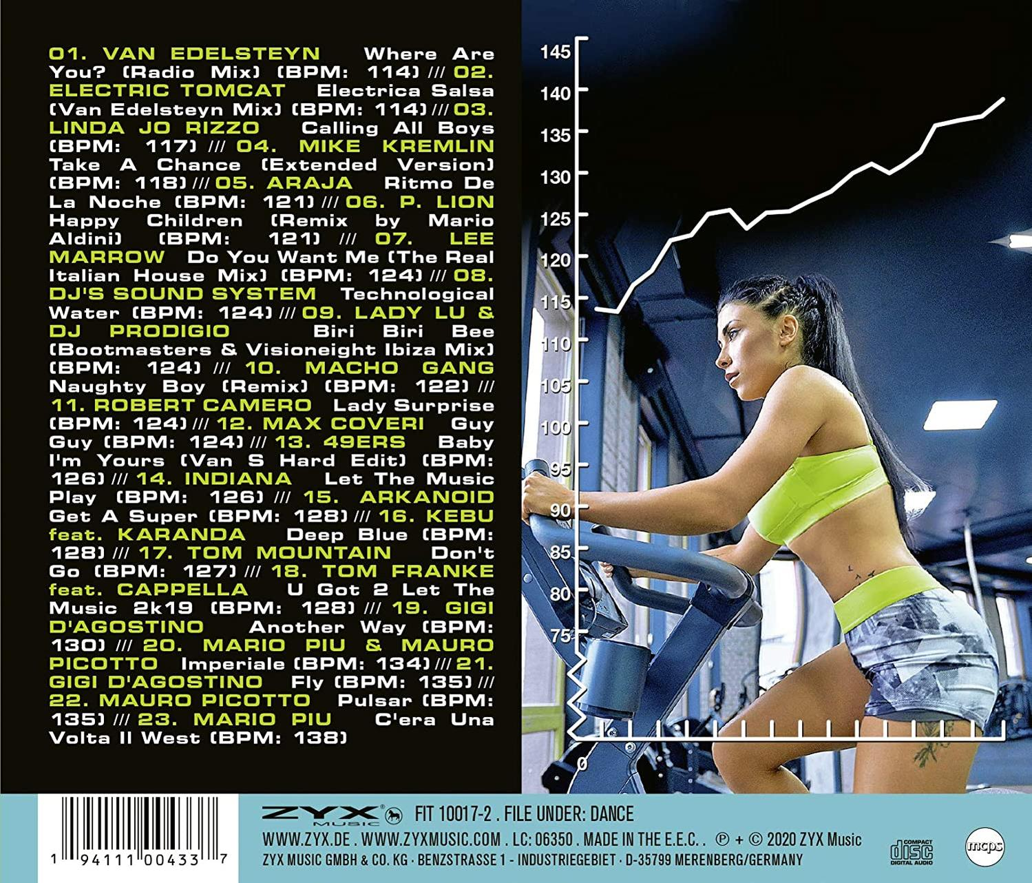 Rückseite einer CD-Hülle mit Text, einer Frau auf einem Heimtrainer und einem Diagramm.