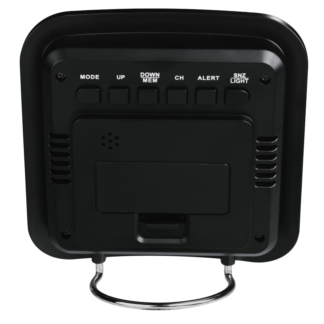 Black back side of an alarm clock with buttons, a speaker, and a metal stand.