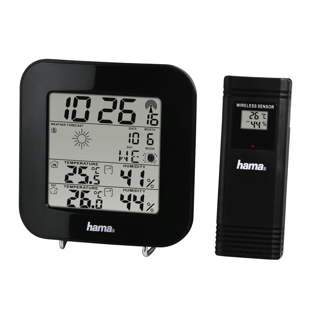 Black digital weather station with display showing time, date, and temperature, plus a sensor.