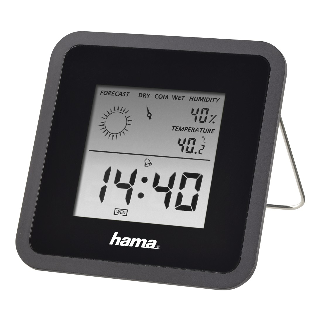 Horloge numérique noire affichant l'heure et les informations météorologiques, avec un support. La marque est Hama.