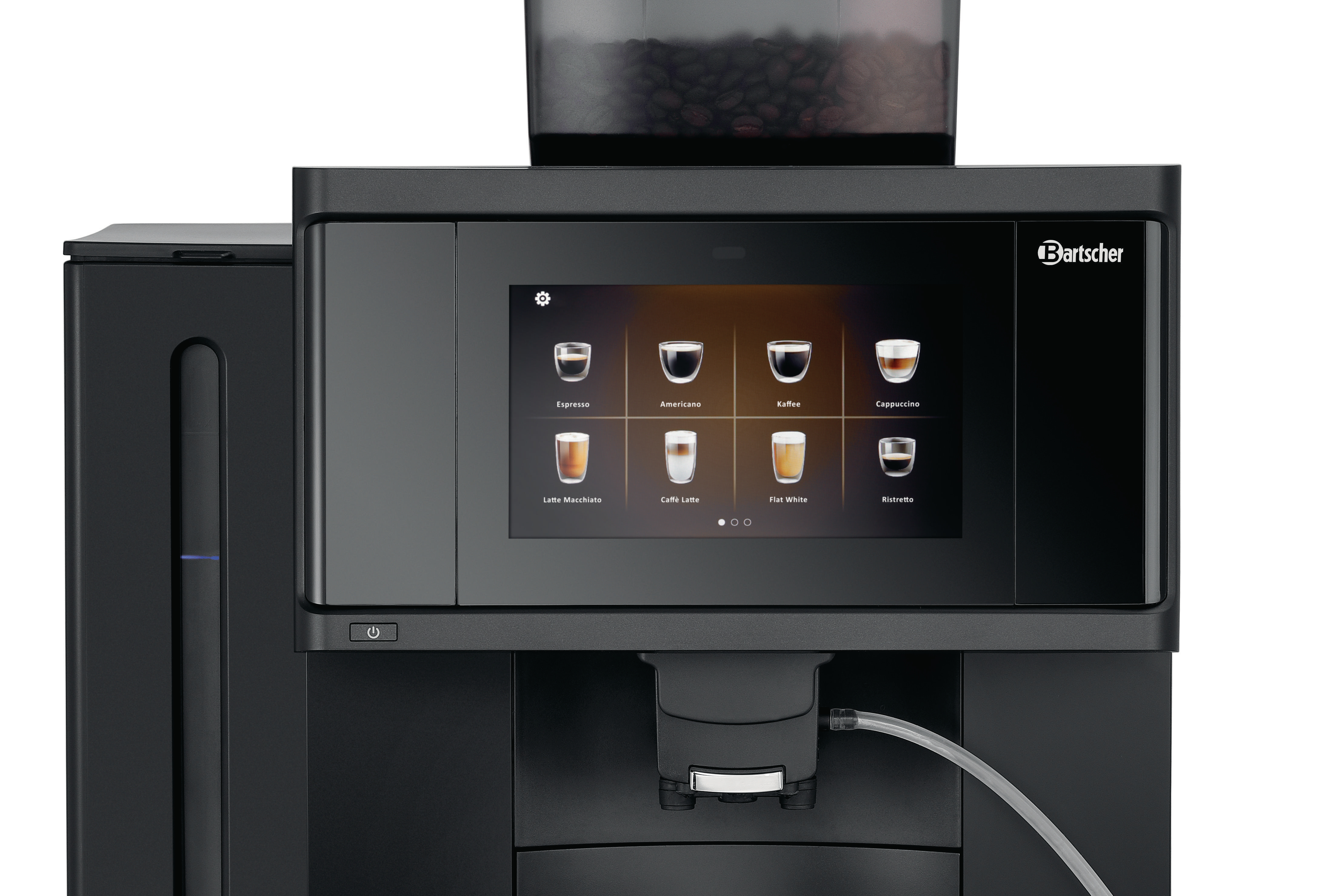 Eine schwarze Kaffeemaschine mit Touchscreen-Menü für verschiedene Kaffeegetränke.
