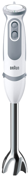 White and gray Braun immersion blender. The brand name is visible.