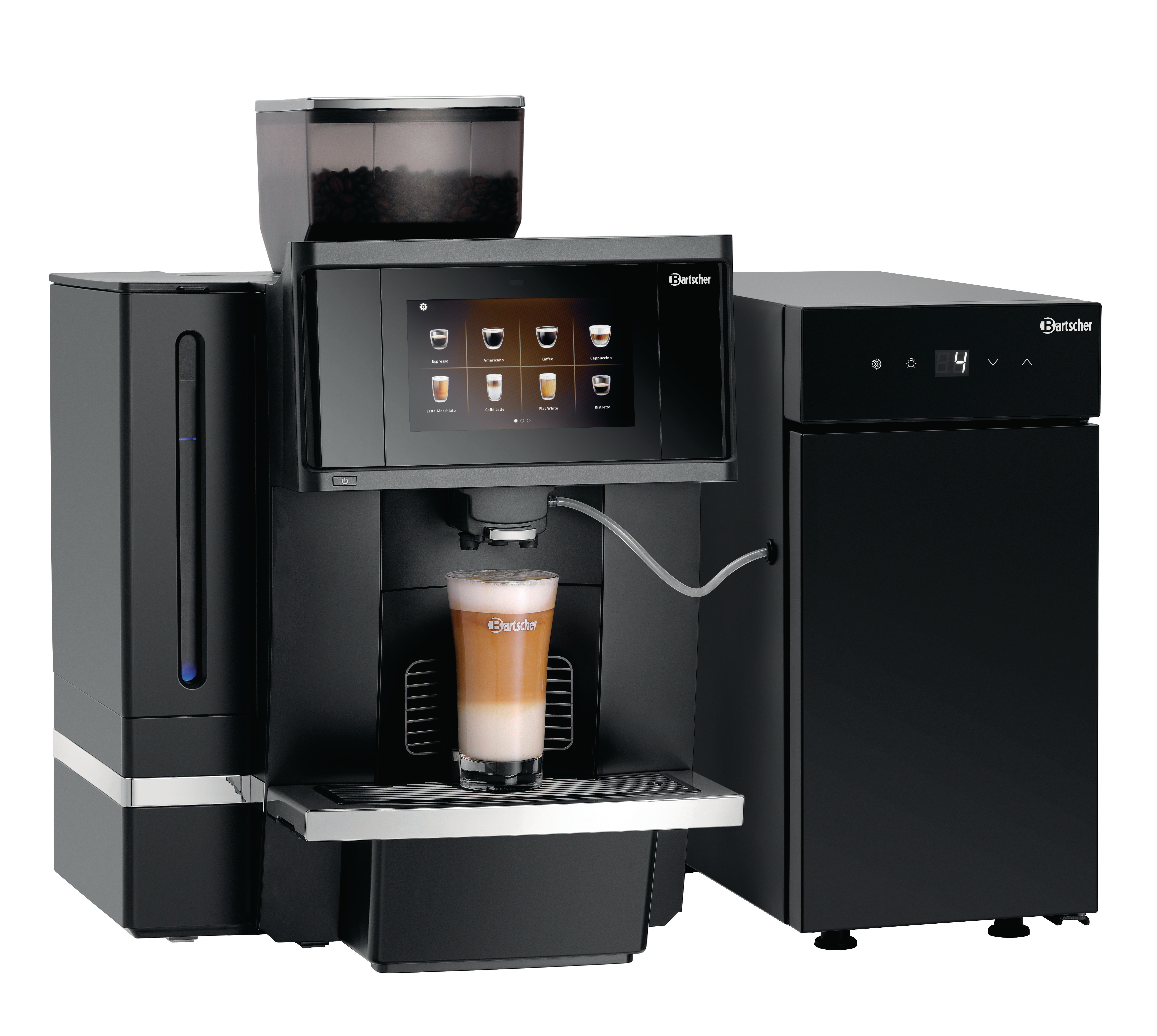 Eine schwarze Kaffeemaschine mit einem Glas Kaffee und einem Touchscreen-Display.