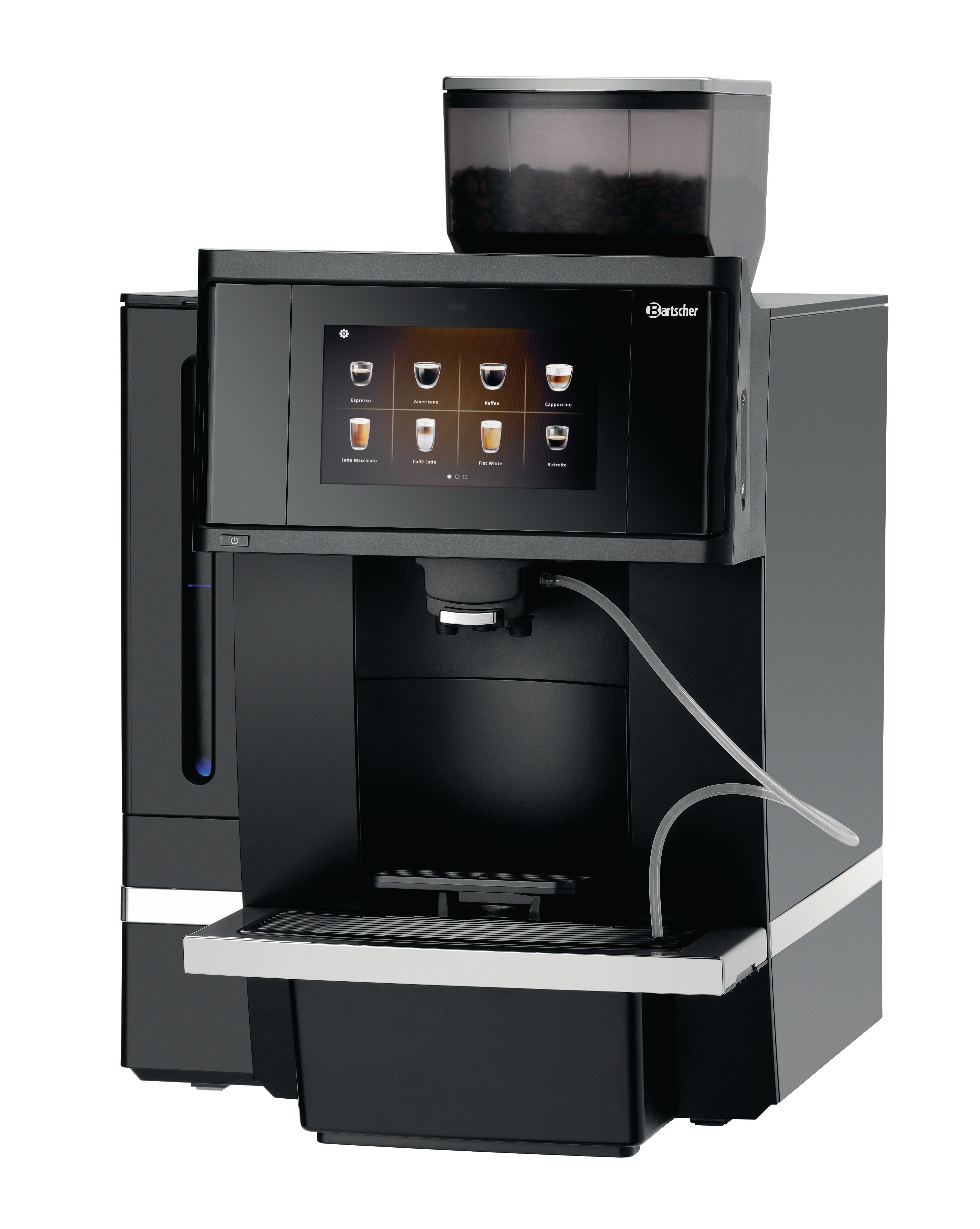 Eine schwarze Kaffeemaschine mit Touchscreen, der verschiedene Kaffeesorten anzeigt.