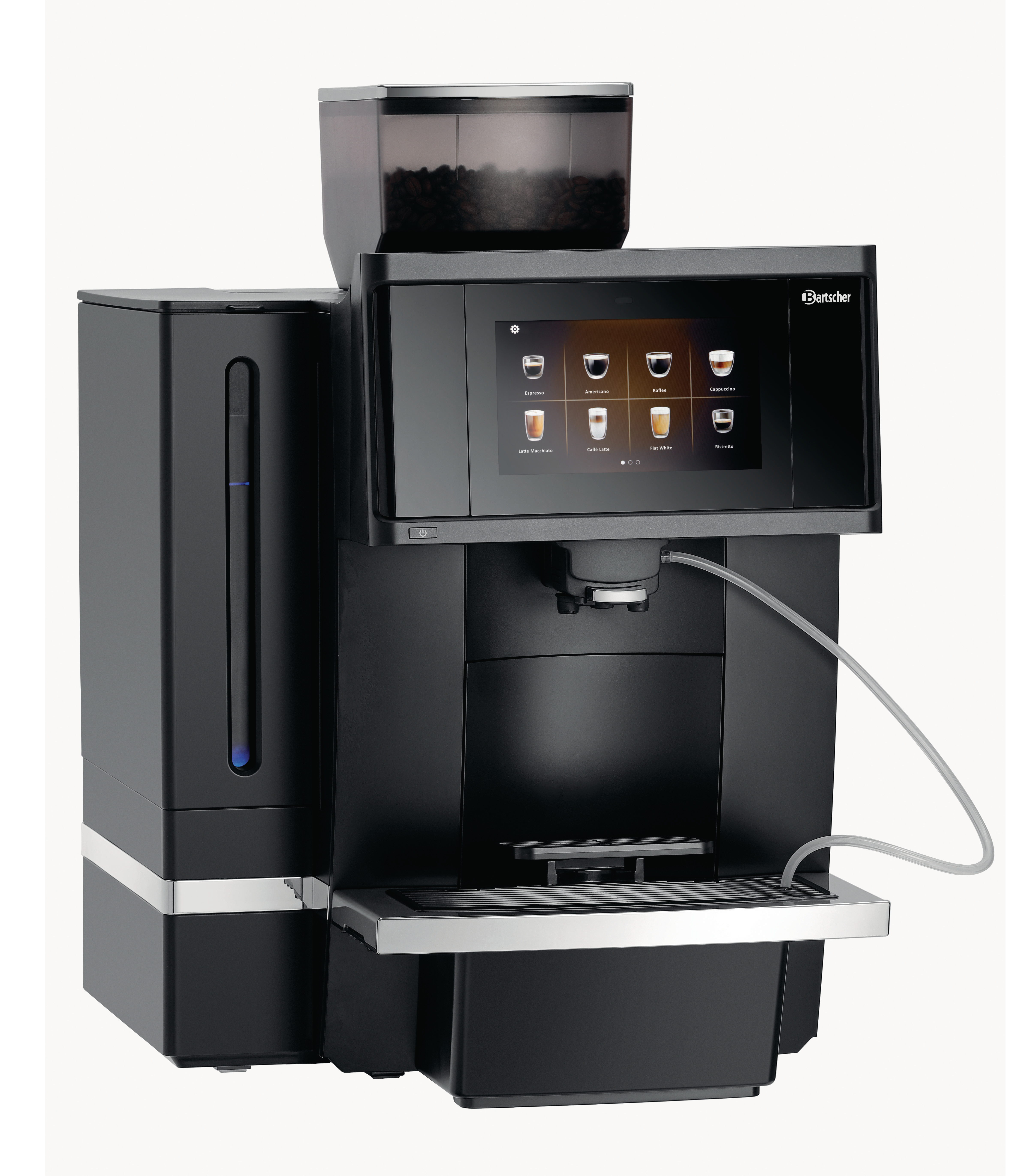 Eine schwarze Kaffeemaschine mit Touchscreen und Kaffeebohnenbehälter.