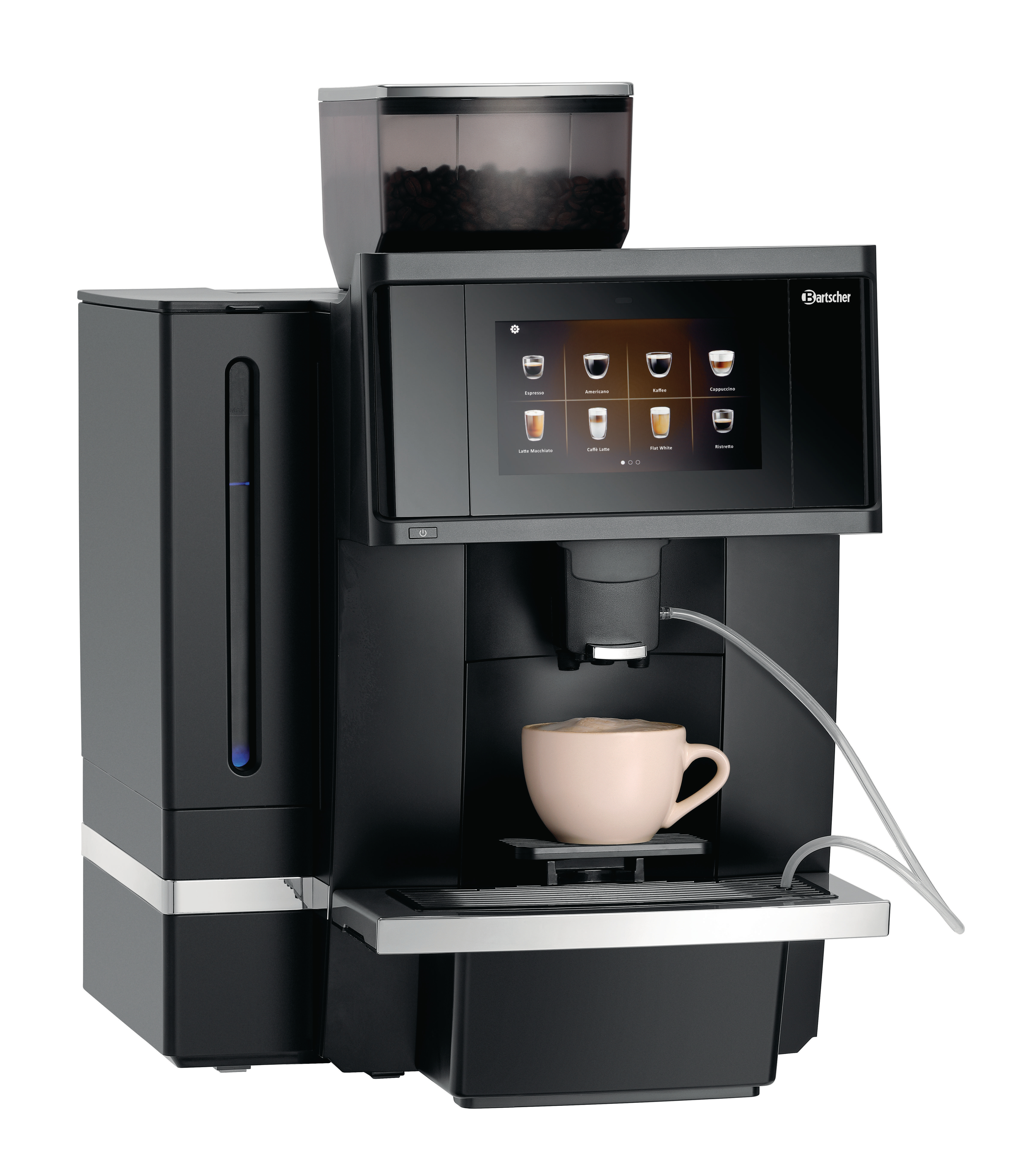 Eine schwarze Kaffeemaschine mit Touchscreen und Kaffeebohnenbehälter.