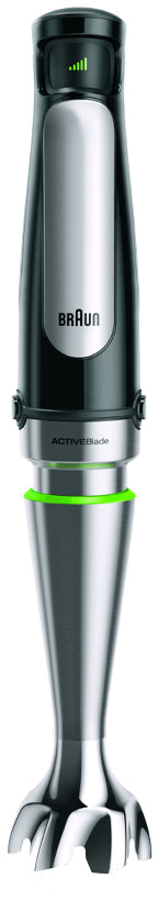 Black and silver hand blender. Green lights are on. Braun ActiveBlade.