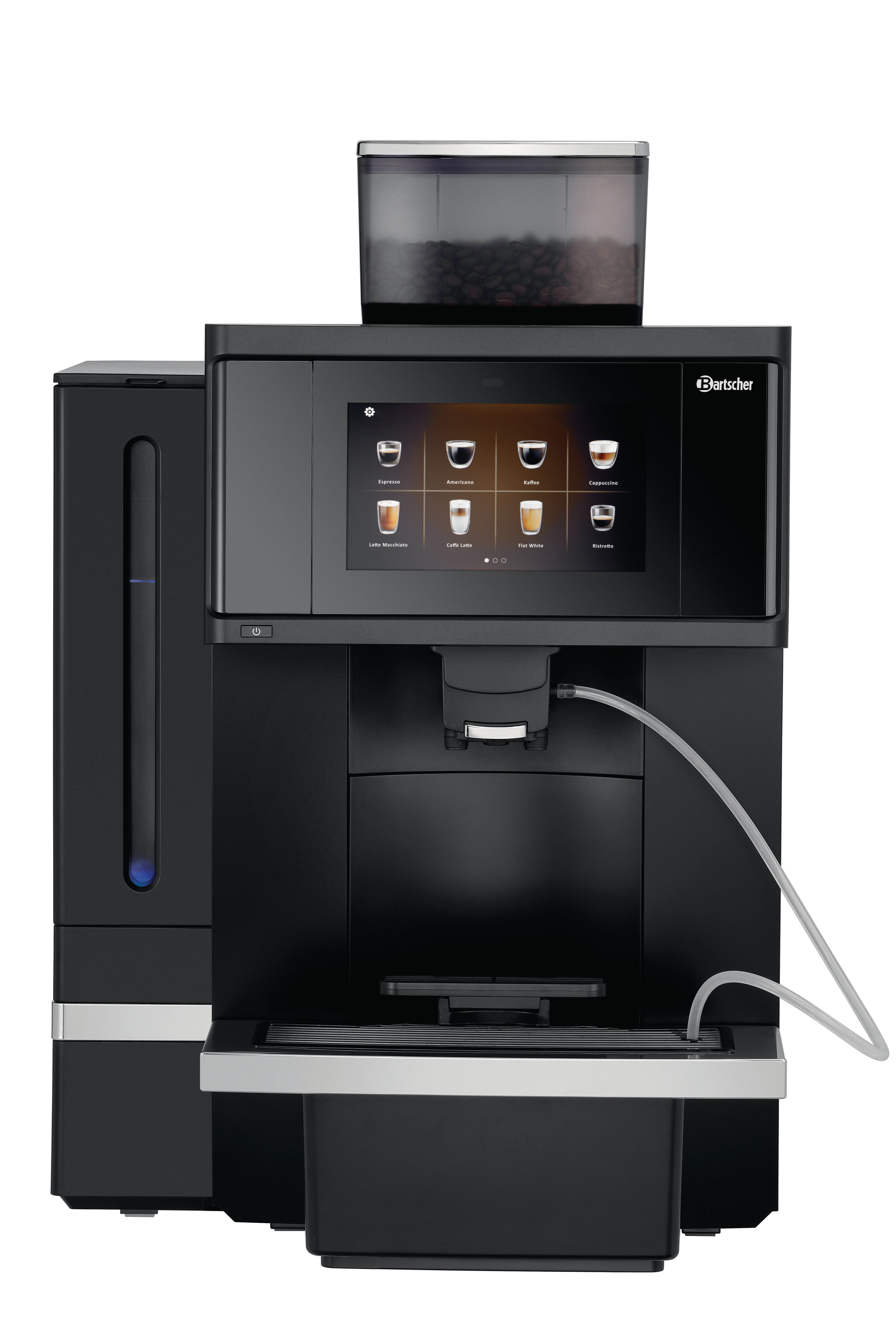 Schwarz's Vollautomat mit Touchscreen zeigt Kaffeeauswahl. Bohnenbeh'lter oben.